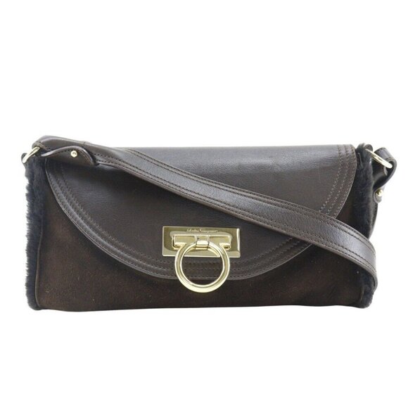 Salvatore Ferragamo Gancini Shoulder Bag EZ-21 4887 One Belt Brown Mouton